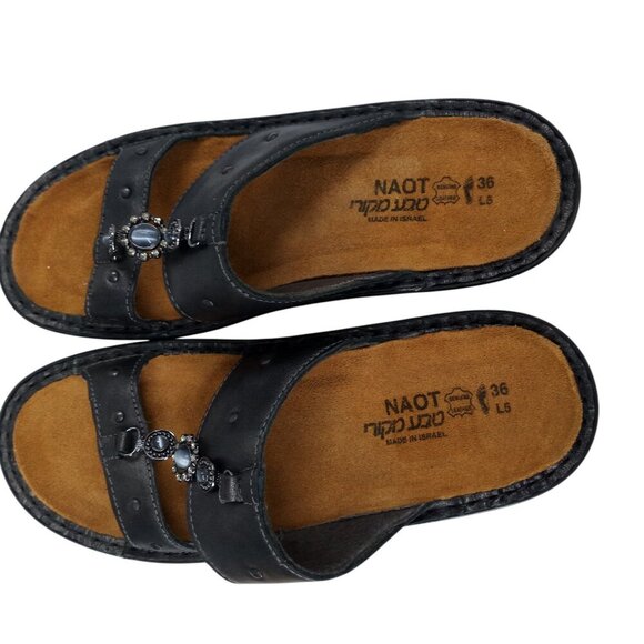 Naot Black Leather Wedge Beaded Sandals Size 36 US 6 Comfort Rhinestone - Picture 9 of 12